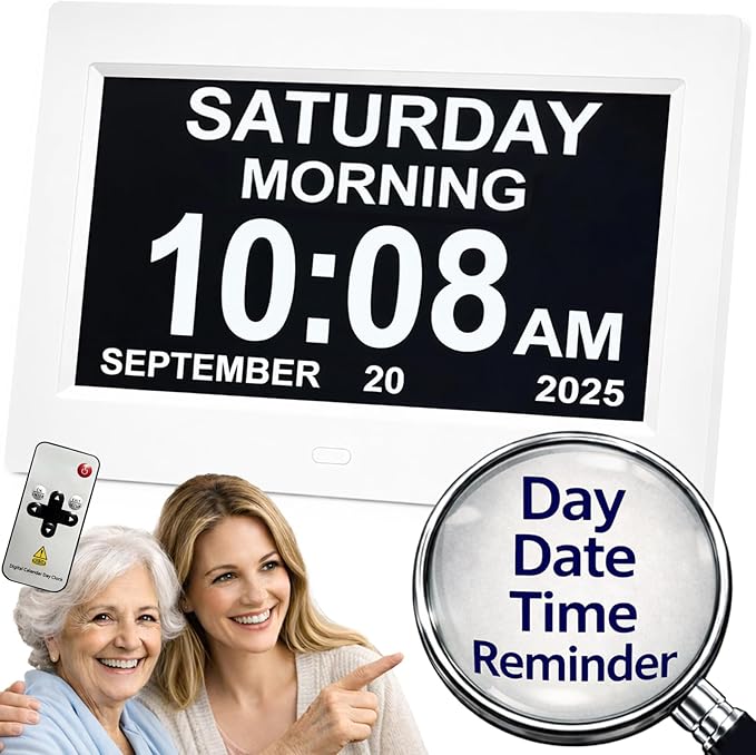 Large Display Digital Dementia Clocks for Seniors, 7'' Day Date Time Calendar Clock for Elderly, Simple Setup, 19 Alarm Reminders, Adjustable Brightness, DST