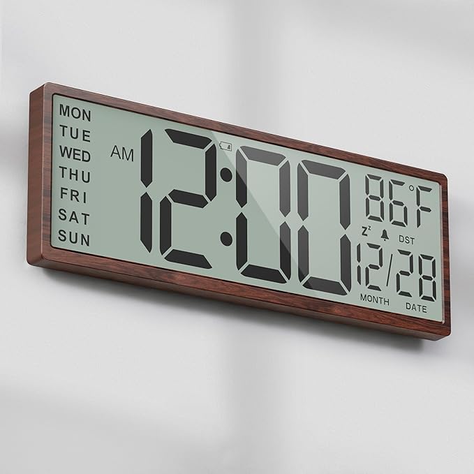 Digital Wood Wall Clock with Battery Operated, 15" Digital Clock Large Display with Date and Day of Week, Large Number with Temperature, Auto DST, Alarm, Snooze, 12/24-hour for Desk Office