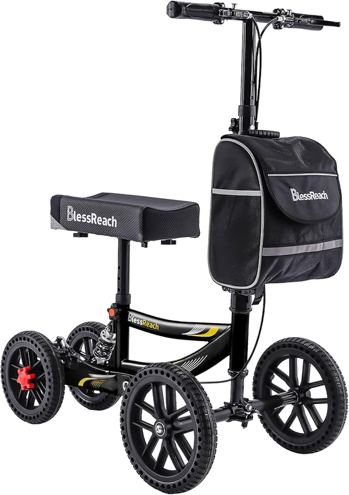 Knee Scooter, 350lbs Capacity, 13" Big PU Seat, Disc Brake Knee Walker, All Terrain Foldable Knee Scooter Walker with Bag for Foot Injuries Compact Crutches Alternative (Black)