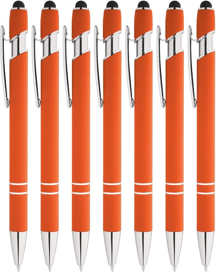 Rainbow Rubberized Soft Touch Ballpoint Pen with Stylus Tip is a stylish, premium metal pen, black ink, medium point. Box of 7 (ORANGE)