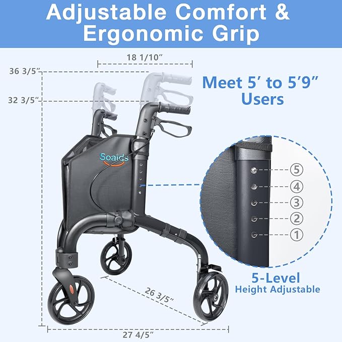 3 Wheel Walkers for Seniors with Bag and Hand Brakes, Lightweight Foldable Rollator with Swivel Front Wheel, Adjustable Height, Compact Mobility Aid for Elderly, Indoor Outdoor Use (Black)