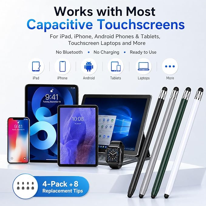 HATOKU 4 Packs Stylus Pen for iPad & Touchscreen Devices, Dual Tip Rubber Styluses, No Bluetooth/No Charging, High Sensitivity Capacitive Magnetic Pencil for iPad iPhone Android Tablets