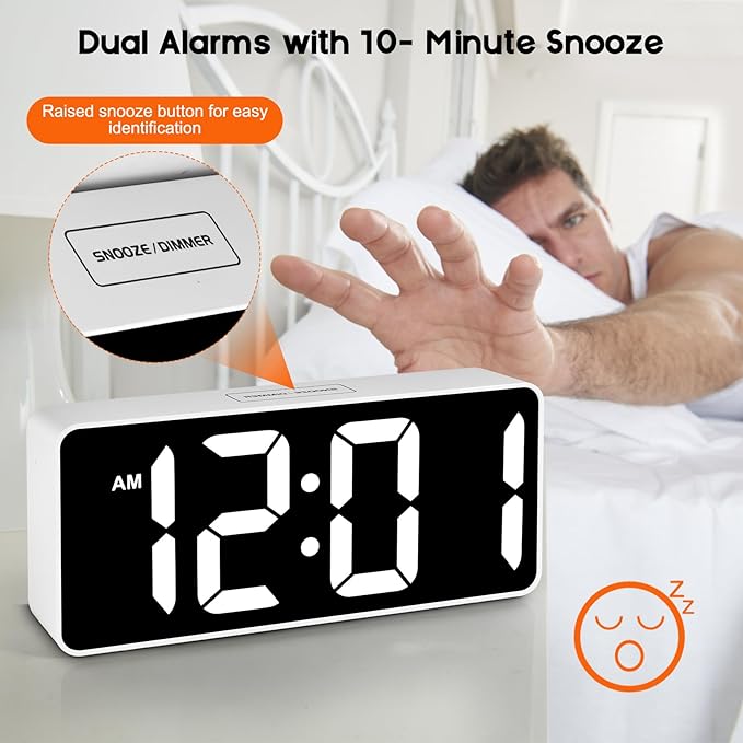 Small Digital Alarm Clock for Bederoom, Large Big Numbers Display with Brightness Dimmer,Dual Alarm, Snooze,12/24Hr,Adjustable Volume Loud Bedside Alarm Clock for Kids Teens Boys Girls (White)