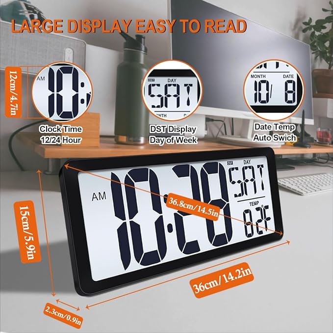 15 Inch Large Rechargeable Digital LCD Wall Clock with Backlight Glow in the Dark,Night Light Wall Clock with Week,Date & Temperature,DST,Alarm Display for Living Room, Bedroom, Gift for Elderly