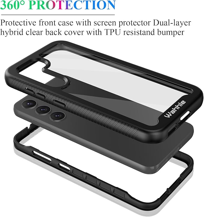 wahhle Compatible with Samsung Galaxy S23 Plus Case, Built in Screen Protector Full Body Shockproof Slim Fit Bumper Protective Phone Cover for Galaxy S23 Plus 5G 6.6'' Men Women-Black/Clear