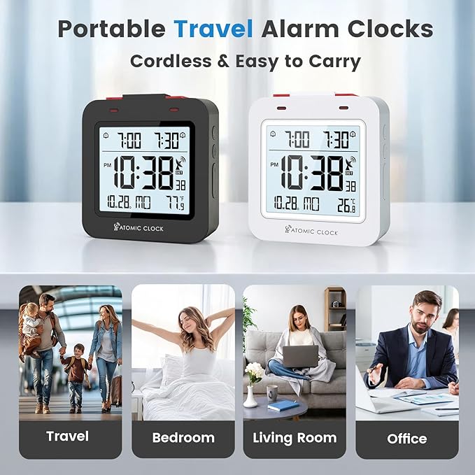 Small Digital Atomic Alarm Clock for Bedroom, 3.15 Inch Portable Travel Clock with Dual Alarms and Snooze, Indoor Temperature, 8s Backlight, Battery Included, White