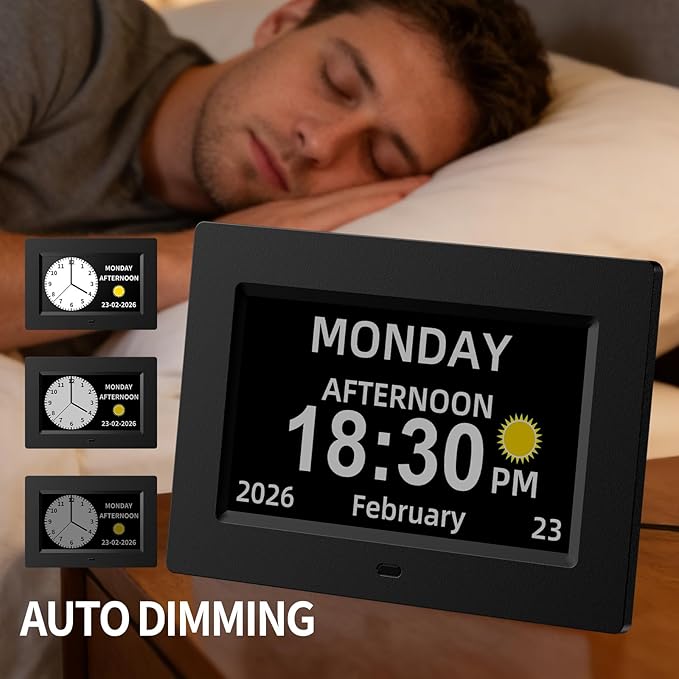7 Inch Digital Calendar Clock for Seniors, Extra Large Display with Non-Abbreviated Day & Month, Auto-Dimming & Medication Reminders for Vision Impaired (Black)