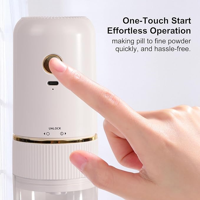Electric Pill Crusher,Electric Pill Grinder,Easy Fine Powder Adjustable Coarse to Fine Grind, Portable Cordless Ceramic Grinder