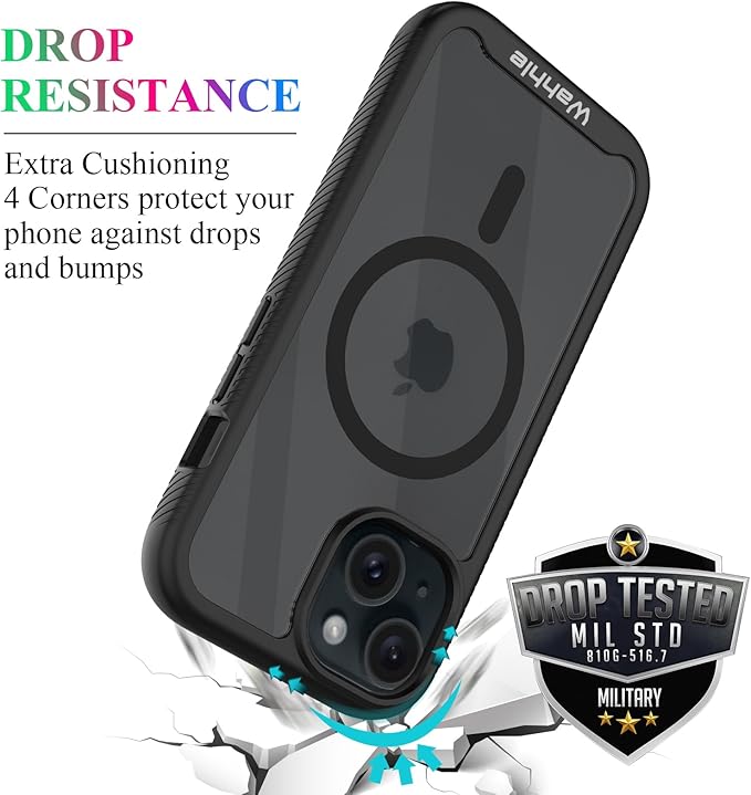 wahhle Compatible with iPhone 15 Plus Case, Magnetic Wireless Charging Built in Screen Protector Full Body Shockproof Slim Fit Bumper Protective Phone Cover 6.7'' Men Women-Black/Clear