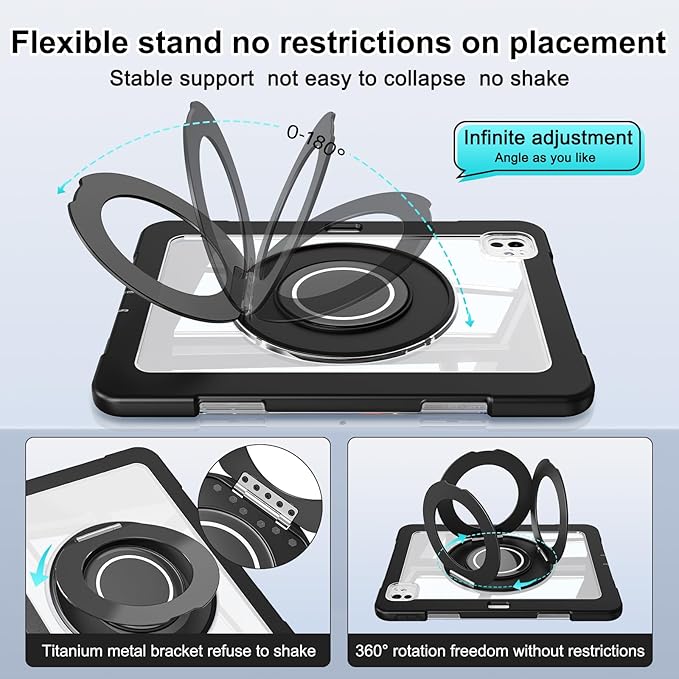 Dteck for iPad Pro 11 inch (M4/M5) 2024/2025 Release Shockproof Clear Case with Stylus Pencil Holder/Rotating Kickstand/Swivel Handle, Lightweight Protective Slim Transparent Tablet Cover Shell, Black