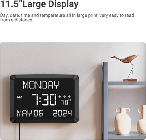 11.5” Extra Large Digital Wall Clock with Date and Day of Week , Electric Desk Clock for Seniors, Large Display Alarm Clock for Bedroom with Battery Backup, 5 Dimmer, 2 USB Ports, Indoor Temp, 12/24H
