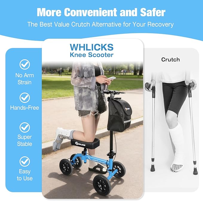 WHLICKS All Terrain Knee Scooter for Adults for Foot Surgery, Foldable & Steerable Knee Walker with PU Wheels, Medical Knee Scooter for Broken Foot Injured, Lightweight Leg Scooter for Broken Ankle