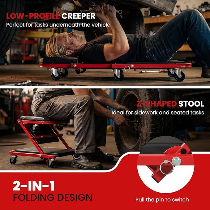 Goplus 2-in-1 Z-Shaped Rolling Garage Stool, 36" Folding Flat Automotive Creeper with Padded Seat & 6 Swivel Casters, Convertible Mechanic Stool for Auto Workshop & Repair