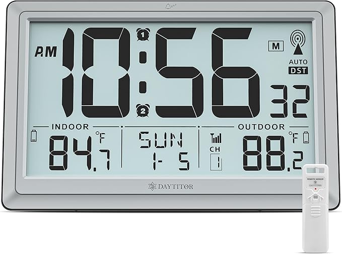 Atomic Clock Wall with Indoor/Outdoor Temp, Battery Operated Digital Wall Clock with 10.5" Large LCD Display, 330ft Range Desk Table Clock with Alarm, DST, Calendar for Living Room, Silver-gray