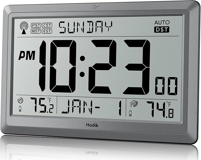 HODIK Wall Clock Atomic with Indoor Outdoor Temperature Battery Powered, Easy Reading with 10.5 Inch LCD Display, 330FT Range Table Wall Clock with DST, 12/24 Hour for Living Room Kitchen (Silver)