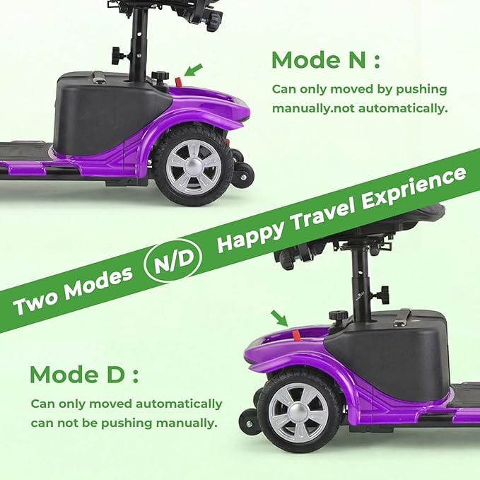 Mobility Scooter for Adults, 4 Wheels Lightweight Scooter, Foldable Mobility Scooter Long Range for Travel, Adults, Elderly, Supports 300 lbs, Powered Wheelchair with Charger & Basket (Purple)