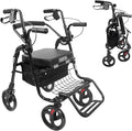 KMINA 2 in 1 Rollator Walker Wheelchair Combo for Smooth Terrain, Foldable Aluminum Rollator with Footrests and Pressure Brakes, Convertible to a Transport Chair, Black