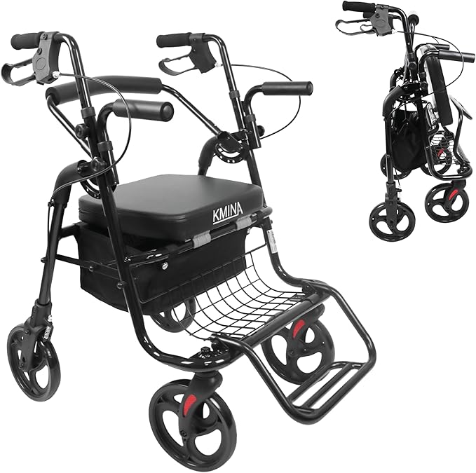 KMINA 2 in 1 Rollator Walker Wheelchair Combo for Smooth Terrain, Foldable Aluminum Rollator with Footrests and Pressure Brakes, Convertible to a Transport Chair, Black