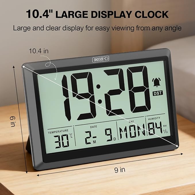 XREXS 10.4 Inch Digital Wall Clock, Battery Operated Large Display Clock, Digital Calendar with Indoor Temperature/Humidity/Date/Day, Auto DST for Classroom, Livingroom, Office(No Backlight)