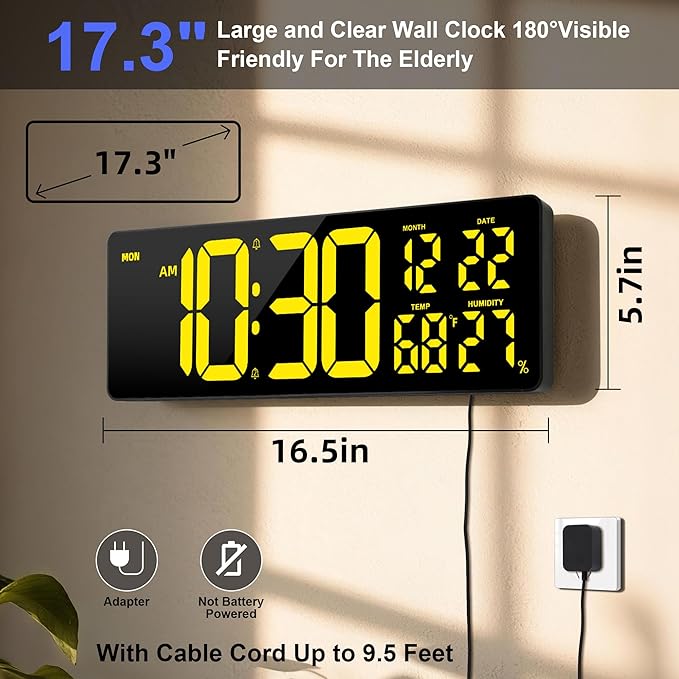 Large Digital Wall Clock 17.3", 15 Color Modes Led Large Number Digital Wall Clock, 8 Color Modes Night Lights, Auto-Dimming/DST, for Classroom Living Room Garage Gym Office, Gift for Senior Mom Dad