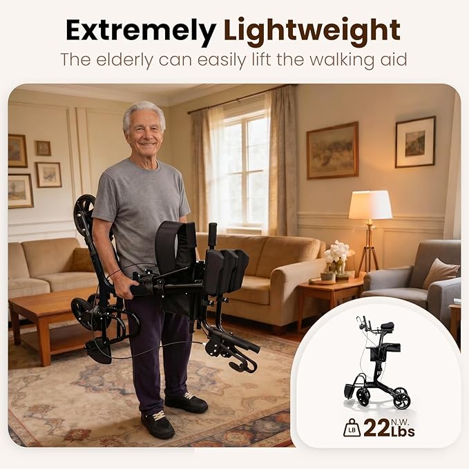 Upright Walkers for Seniors 450 lbs Capacity, 22 lbs Foldable Lightweight Walkers for Seniors with Seat, Armrest and Pedal, Height Adjustable Rollator Walker with Seat for Travel & Gift (Black)