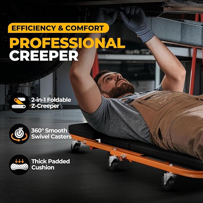 Auto Dynasty 40" Z-Creeper Seat, 2-in-1 Foldable Garage Creeper Shop Seat, 330 LBS Capacity Automotive Mechanic Repair Under Car Rolling Creeper Seat, Orange