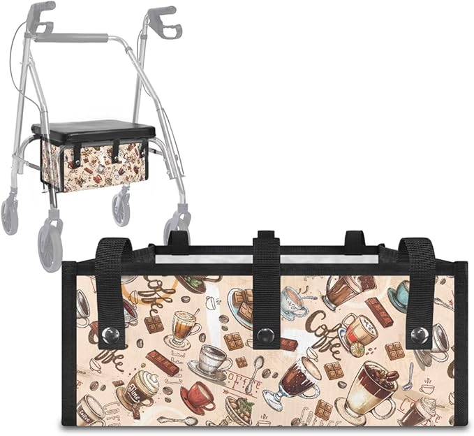3 Pcs Sets Rollator Walker Accessories Coffee Print Universal Fit Walker Seat Cover Rollator Walker Seat & Backrest Covers, Rollator Storage Under Seat Bag