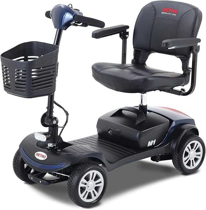 Metro Mobility 4 Wheel Foldable Mobility Scooter for Adults - 300 lbs Capacity Electric Mobility Scooters for Seniors - Long Range Power Extended Battery with Thickened Seat and Front LED Light - Blue
