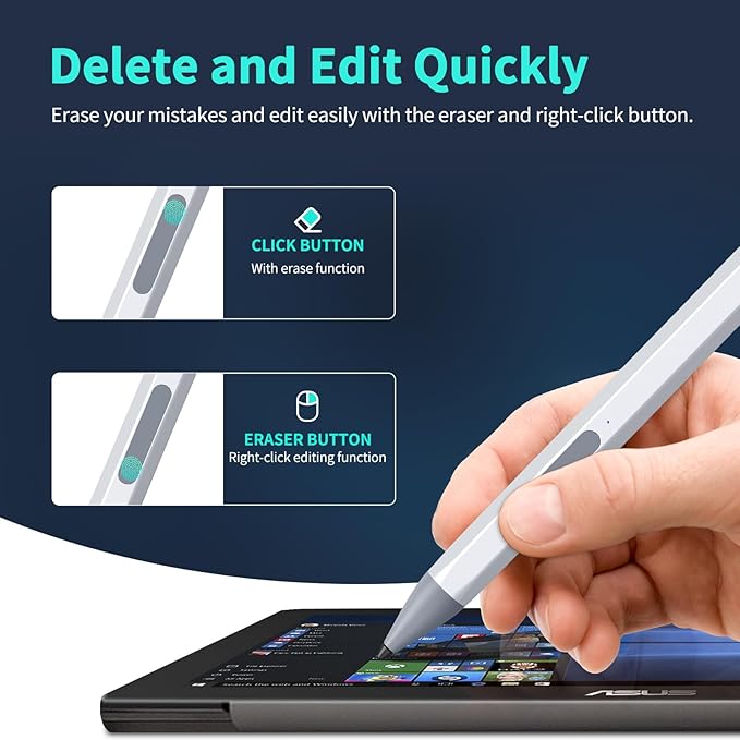 ASUS Stylus Pen for Transformer/Mini/Zenbook Flip/Pro/Vivobook Flip/Pro/Duo/Notebook, Rechargeable MPP 2.0 Tilt Pen, 4096 Pressure Sensitivity, Hexagonal Body Design, Silver