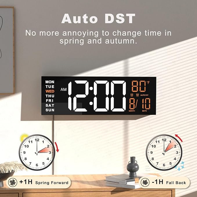 JALL 16" Large Digital Wall Mount Clock, Count Down Timer, Alarm, Big LED, RGB Color, DST, Temperature for Living Room Classroom Desk, Xmas, Birthday Gift Digital Wall Clock for Senior (White Orange)