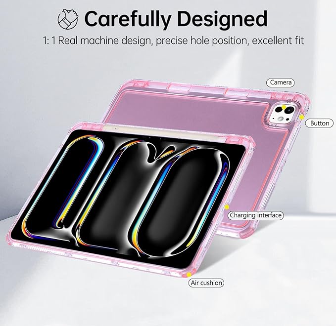 Dteck for iPad Pro/Air 13" (M5/M4/M3/M2), Pro 12.9" (6th/5th/4th/3rd Gen) Clear Case with Pencil Holder/Screen Protector Film/Stylus, 3 Layers Protective Lightweight Slim Transparent Back Cover, Pink