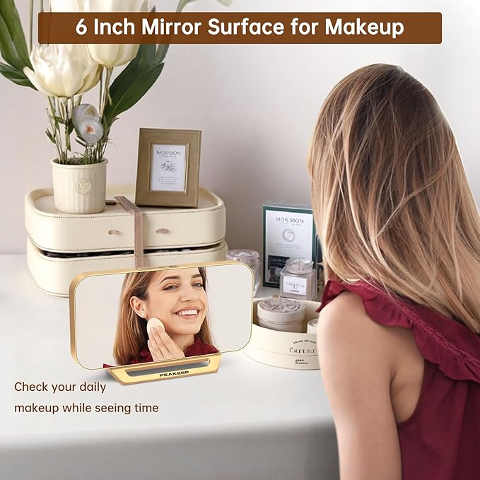 Peakeep Slim Digital Mirror Aesthetic Alarm Clock for Bedrooms Desk Decor - Plug in Electric Big LED Modern Small Clock for Office Living Room, Battery Backup, 6 Dimmers (Gold)