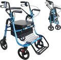 KMINA 2 in 1 Rollator Walker Wheelchair Combo for Smooth Terrain, Foldable Aluminum Rollator with Footrests and Pressure Brakes, Convertible to a Transport Chair, Blue