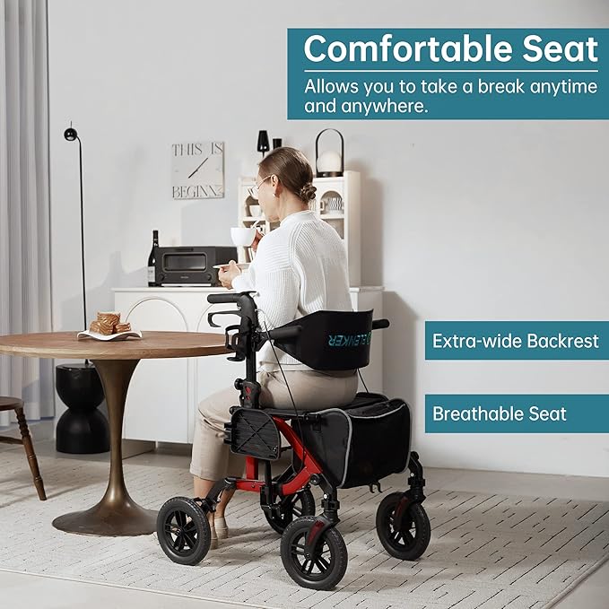 ELENKER All-Terrain 2 in 1 Rollator Walker & Transport Chair, Folding Wheelchair with 10” Non-Pneumatic Wheels for Seniors, Reversible Backrest & Detachable Footrests, Red