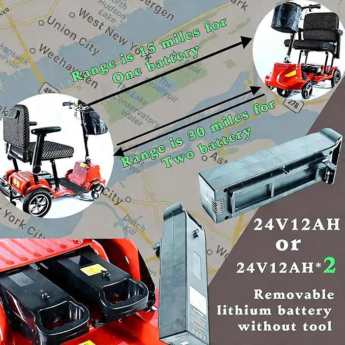 30mile Mobility Scooter for Adults with Travel Bag,33lb Magnesium Ultra Lightweight Folding Power Mobility Scooter for Senior,All Terrain Motorized Scooter,Airline Approved,Two Battery (Two Battery)