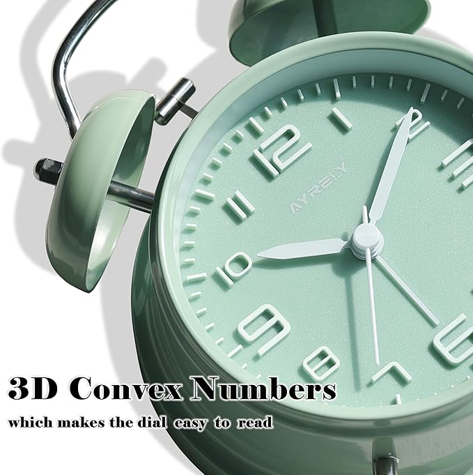 AYRELY® Super Loud Twin Bell Alarm Clock for Heavy Sleepers Adults, 4-Inch Retro Silent Non-Ticking with Night-Light, 3D Raised Number Dial, Battery Operated for Bedroom Bedside (3D Dial – Green)