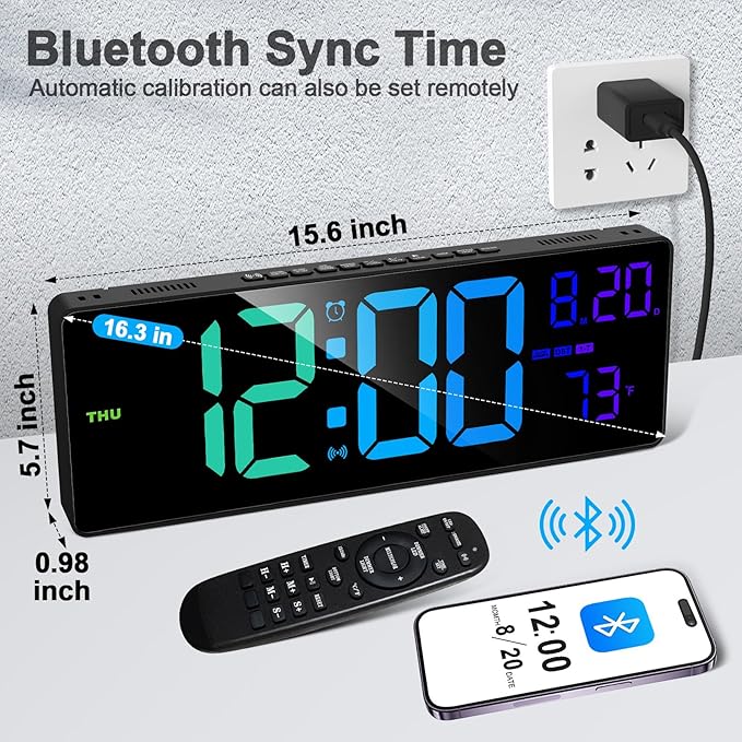 XREXS 16.3" Bluetooth Large Digital Wall Clock with Remote Control, Auto Time Sync, 6 Color Night Lights Adjustable Dimmer 10 RGB Color Changing Large Display for Home, Gym, Office and Classroom