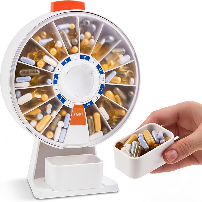 14-Day Rotating Pill Dispenser Wheel Push Button Desktop or Wall-Mount for Elderly