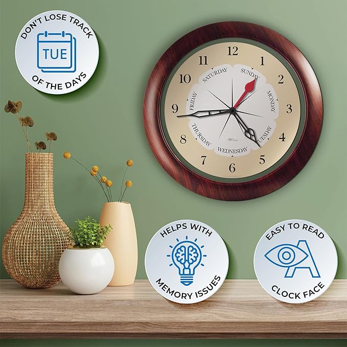 Time & Day of The Week Wall Clock with 13.5” Walnut Accent Frame – – Ideal Retirement Gift for Men and Women, Day Clock for Seniors and Retirees