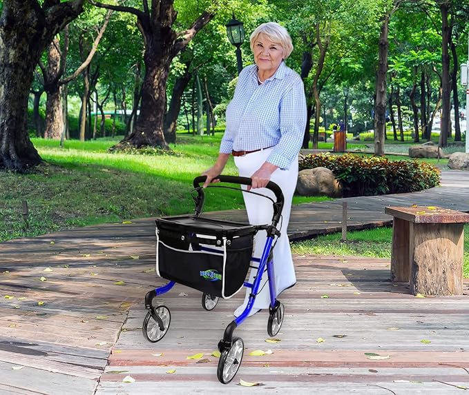 HEALTHLINE Rollator Walker Euro Style - Lightweight 4 Wheel Eldery Walker - Rollator Walkers for Seniors with Basket & Tray - Narrow Doors Indoor Rollator Blue Color