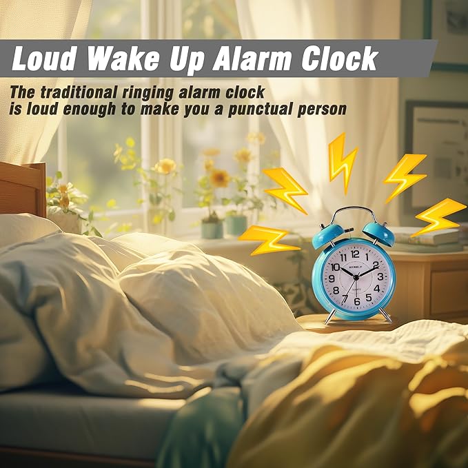AYRELY® Super Loud Twin Bell Alarm Clock for Heavy Sleepers, 4-Inch Silent Non-Ticking Quartz with Backlight, Metal Cute Clock for Kids' Rooms (Sky Blue)