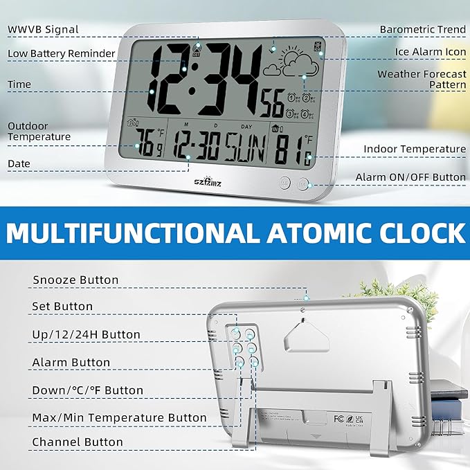 Atomic Clock, 10" Digital Clock Large Display, Wall Clocks Battery Operated with Backlight, Wireless Outdoor Sensor, Alarm Clock Indoor Outdoor Temp, 4 Time Zones, Auto DST, Clock for Bedroom (Sliver)
