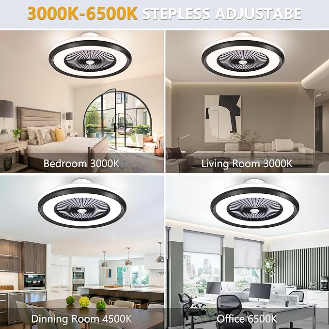24" Low Profile Ceiling Fan with with Light, Bladeless Ceiling Fan with 3-Dimmable Light, Smart Flush Mount Ceilings Fans Lighting Remote & APP Control, 6 Speeds Timing Reversible, Black