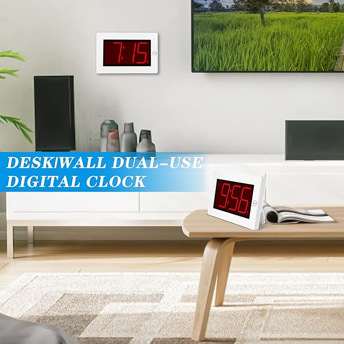 KWANWA Large Digital Alarm Clock, 3" LED Display Battery Operated, Dimmable Auto Night Mode, Easy to Read for Seniors Visually Impaired, Cordless Wall Clock or Table Clock for Bedroom Kitchen Office