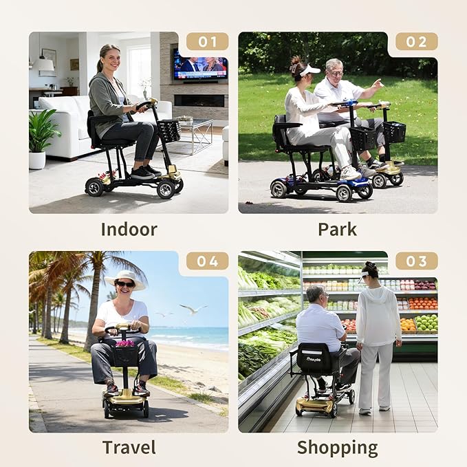 Mobility Scooter for Adults, Seniors - 37.5 lbs Ultra Lightweight Folding Mobility Scooters for Seniors Airport Approved, All Terrain 4 Wheel Motorized Scooter with Storage Bag for Travel, Gold