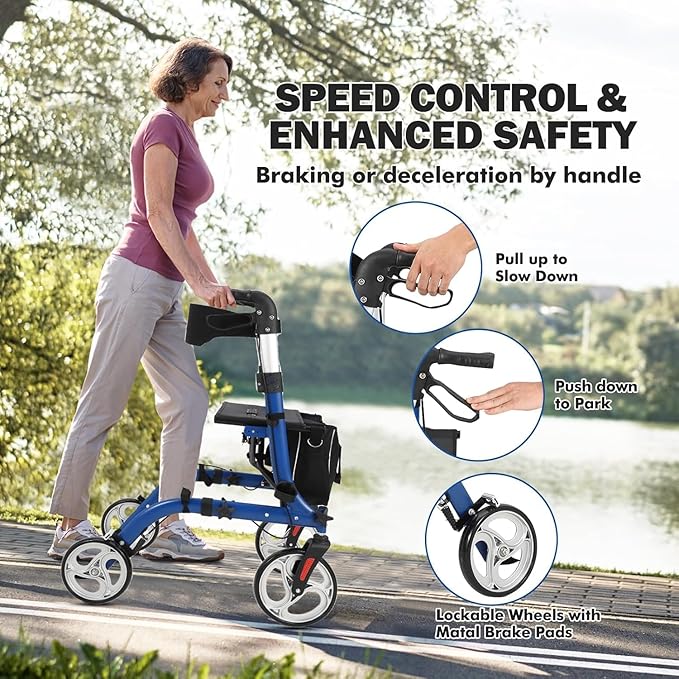 Rollator Walker for Seniors, Lightweight Foldable All Terrain Rolling Walker with seat,12" Rubber Wheels for Smooth Outdoor Use, Compact Folding Design,Height Adjustable 34"-40" for All Users.