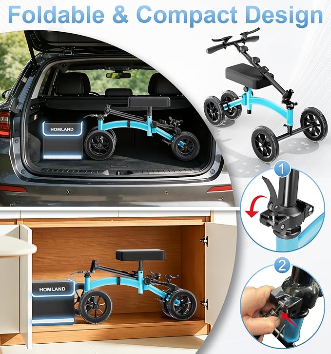 HOMLAND Knee Scooter Walker for Adults Foot Injuries Ankle Surgery, Foldable Steerable Leg Scooters with Dual Handbrake, Height Adjustable Handle & Knee Pad, Removable Storage Bag, 300 lbs Capacity
