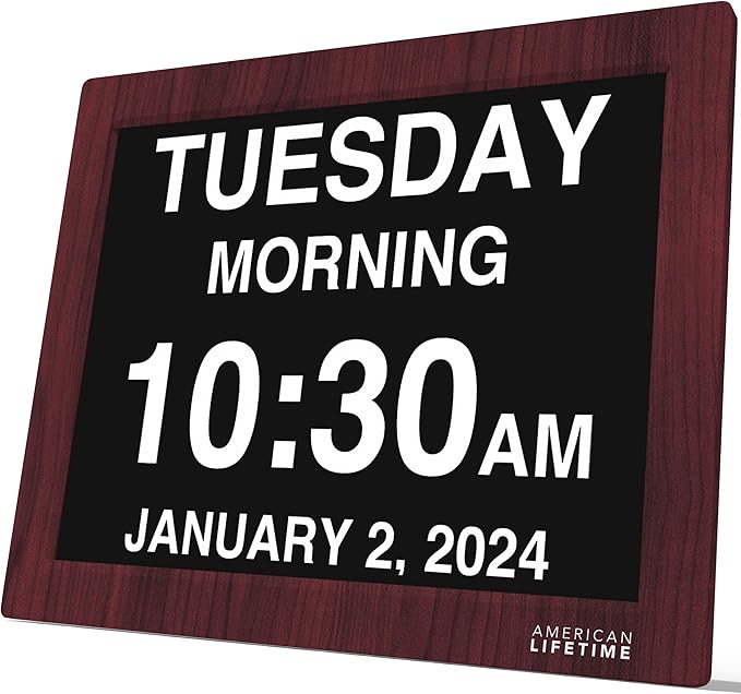AmericanLifetime 2026 Dementia Clock 15-Inch Large Digital Calendar Custom Alarms for Seniors Mahogany