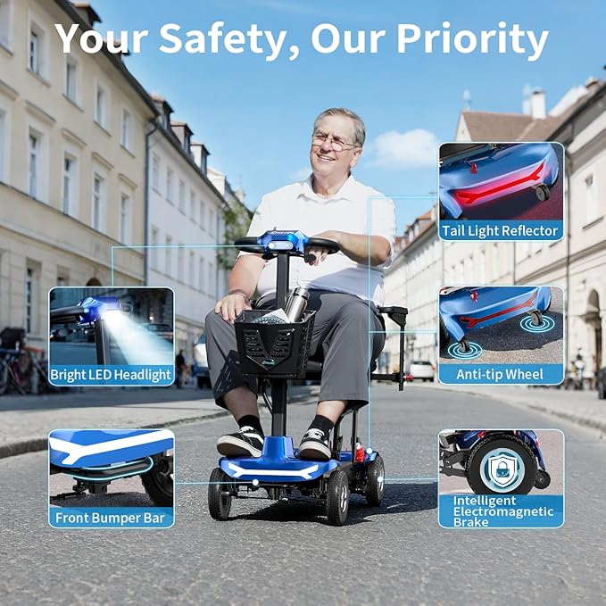 Mobility Scooter for Adults, Seniors - 37.5 lbs Ultra Lightweight Folding Mobility Scooters for Seniors Airport Approved, All Terrain 4 Wheel Motorized Scooter with Storage Bag for Travel, Blue