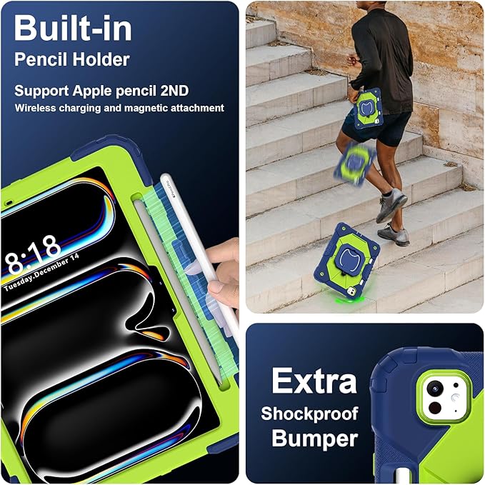 Dteck for iPad Pro 11 inch (M4/M5) 2024/2025 Release Shockproof Case with Shoulder Strap/Pencil Holder/Rotating Kickstand Handle, Heavy-Duty Sturdy Rugged Cover, Protective Tablet Shell, Blue Green